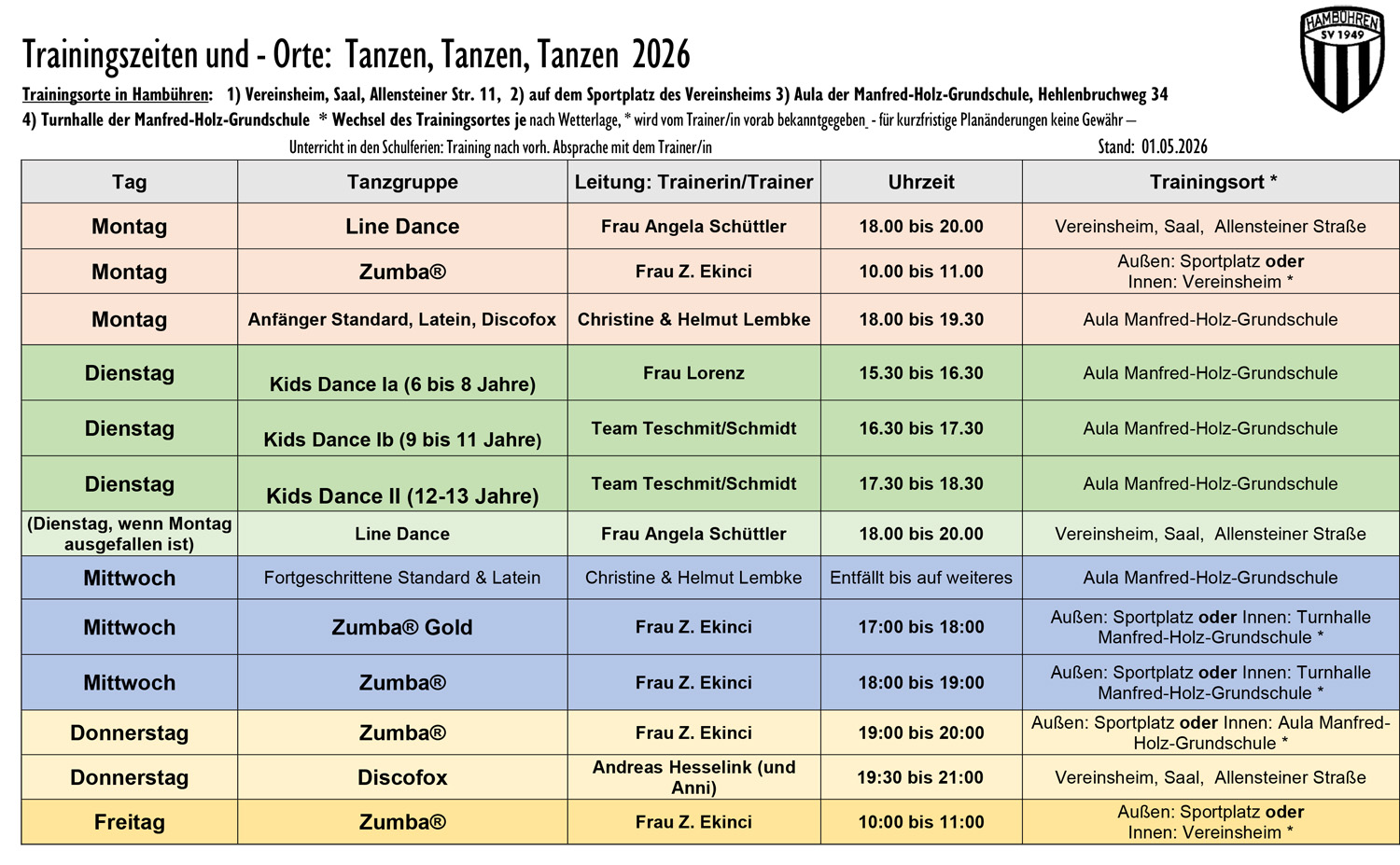Trainingszeiten Tanzen